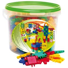 a plastic bucket filled with lots of toys