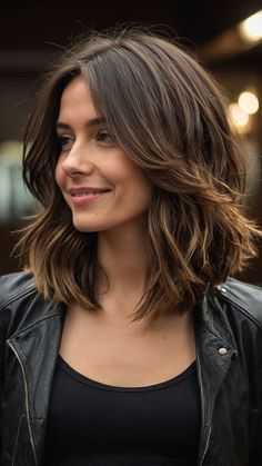 Shoulder Length Haircut Girl Layers, Shoulder Hair Length With Layers, Brown Medium Layered Hair, Jo From Greys Anatomy Hair, Short V Haircut With Layers, Haircut Right Above Shoulders, Layers In Shoulder Length Hair, Long Bob Haircut With Layers Brunette, Haircut For Short Length Hair