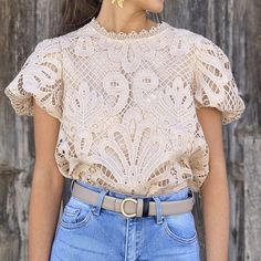 hulianfu High Street Puff Short Sleeve Lace Blouse Top Office Fashion Hollow Shirt t Shirt Commute Women O Neck Solid Jacquard Pullover Shoulder (cm) Bust Size(cm) Waist Size(cm) Length(cm) Hip (cm) S - 88-96 - 49-62 - M - 92-100 - 50-63 - L - 96-104 - 51-64 - XL - 100-108 - 52-65 - XXL - 104-112 - 53-66 - "Size measured by ourselves, sometimes has some errors, but always within 3cm." “If you have any questions about the size, please contact me” Short Sleeve Lace Blouse, Royal Blue Shoes, Lace Blouses, Womens Clothing Patterns, Casual Shirt Women, White Shoes Women, Summer Vintage, Summer Fabrics, Shirts Women