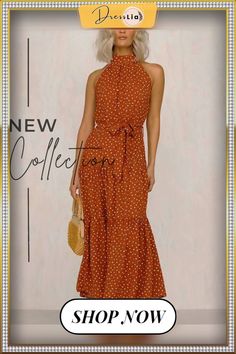 Polka Dot Sleeveless Boho Maxi Dress Polka Dot Sleeveless Maxi Dress For Party, Sleeveless Polka Dot Maxi Dress For Party, Sleeveless Polka Dot Chic Maxi Dress, Sleeveless Polka Dot Sundress, Sleeveless Polka Dot Maxi Sundress, Brown Sleeveless Halter Dress For Beach, Sleeveless Brown Halter Dress For Beach, Sleeveless Polka Dot Maxi Dress For Summer, Polka Dot Sleeveless Maxi Dress For Vacation