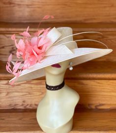 "✿*.Key Features.*✿ This is a wide brim hat with same color bow, quills and one or two tones feather Flower, very elegant and beautiful. It's a custom-made hat. If you want different color hat base, please contact Anna. Great for Kentucky derby, weddings, church, Easter, Royal Ascot, horse races, cocktails, tea party, or any hat wearing occasion. Hat base size: From front to back: 17.75\" (45cm) From left to right: 19\" (48cm) Wide brim Appr: 5.12~6.5\" Head girth: 22.5\" (57cm) , adjustable str Elegant Pink Adjustable Fedora, Elegant Adjustable Pink Fedora, Elegant Pink Brimmed Fedora, Elegant Pink Wide Brim Fedora, Cream Brimmed Hat Bands For Kentucky Derby, Cream Fitted Fedora For Kentucky Derby, Cream Curved Brim Fedora For Kentucky Derby, Adjustable Fedora Straw Hat For Wedding, Wedding Fedora Hat For Royal Ascot