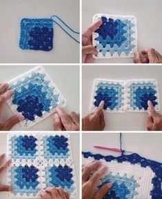 crocheted blue and white square being worked on