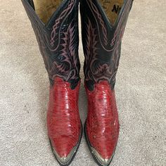 Tony Lama Pre-Owned Men's Cowboy Boots, Size 7 1/2. Leather And Python With Sterling Silver Toe And Heel Cap. Gently Worn Condition. Exterior Looks Gently Worn. Interior Has Name Written Inside Over The Size. These Boots Are As Seen In Photographs. I Do Not See Any Flaws On Exterior. Feel Free To Ask Questions Or Request Additional Photos. Red Boots With Reinforced Snip Toe, Red Work Boots With Reinforced Snip Toe, Red Moc Toe Boots With Reinforced Toe, Red Snip Toe Boots For Western-themed Events, Mens Cowboy, Tony Lama, Mens Cowboy Boots, Leather Cowboy Boots, Heel Caps