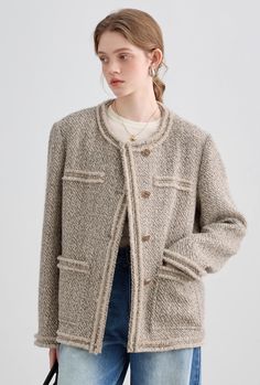 Loose Silhouette Wool Tweed Jacket - chiclara Jacket Sale, Tweed Jacket, Luxury Fabrics, Outerwear Women, Pants Set, Latest Trends, Coats Jackets, Sleeve Length, One Piece