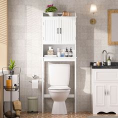 a white toilet sitting in a bathroom next to a sink under a cabinet with shelves