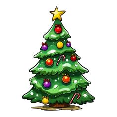 a green christmas tree with ornaments and candy canes on it's bottom, in front of a white background