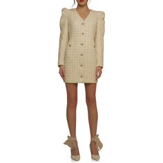 Find ENDLESS ROSE Premium Long Sleeve Tweed Mini Dress on Editorialist. A tweed dress feels fun and fancy with bejeweled buttons and pretty puffed-up sleeves. V-neck Long sleeves Lined 100% polyester Hand wash, dry flat Imported Tweed Mini Dress, Long Sleeve Sweater Dress, Ruffle Mini Dress, Dress Home, Chiffon Ruffle, Tweed Dress, Gold Dress, Mini Dress With Sleeves, White Mini Dress