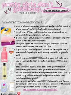 #femininehygiene #hygiene #skincare #showeressentials #hygienemusthaves #girlhood #bodycareroutine #showerroutine #femininity #smellgoodallday #smelllikevanilla Hygienic Tips For Women, Personal Hygiene Shopping List, Baddie Hygiene Products, Self Care Tips Hygiene, Feminine Hygiene Care, Hygiene Tips Feminine Smell, Good Hygiene For Women Tips, Hygiene Essentials List, Best Hygiene Products For Women