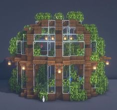 a house made out of wood and plants with lights on the windows, surrounded by greenery