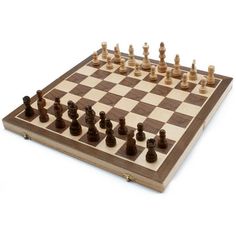 a wooden chess board with pieces on it