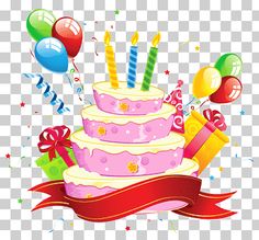 a pink birthday cake with balloons and streamers on it, transparent background png clipart