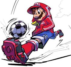 a cartoon character kicking a soccer ball with his foot