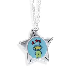 This reversible star shaped sterling silver pendant has two sides. One side has a detailed enamel illustration of a space explorer with a crown of stars and the other side has the quote "you hung up the moon and plugged in the stars". The charm measures one inch high and one inch wide. It hangs from an adjustable sterling silver chain that can be latched anywhere between 16 and 20 inches.  I ship First Class Mail with tracking in a cute gift box.  To see my entire store go here: https://www.etsy Archer Constellation, Star Chaser, Alien Necklace, Constellation Jewelry, Jewelry Friendship, Friendship Quote, Glass Store, Necklace Star, In The Stars