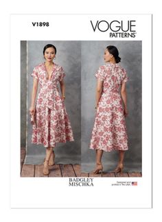 a women's dress pattern with an open neck and short sleeves, in floral print