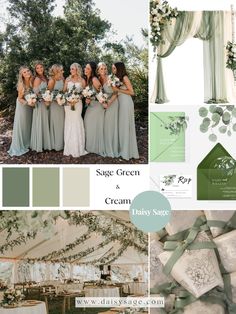 a collage of green and gray wedding colors