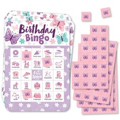 a pink and purple birthday bingo game with butterflies on the front, surrounded by stickers