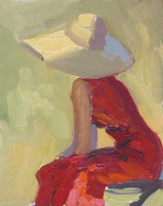 a painting of a woman in a red dress and white hat