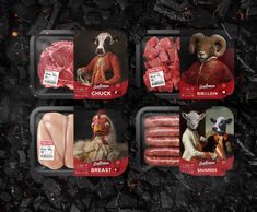 four different types of meats in plastic trays on top of black rock background