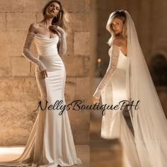 two women in wedding gowns one wearing a veil and the other wears a long sleeved dress