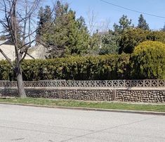 a man riding a skateboard down the side of a road next to a stone wall