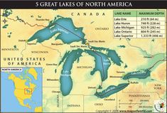 a map of the 5 great lakes of north america, with major cities and rivers