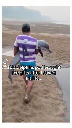 a man walking on the beach with a dolphin