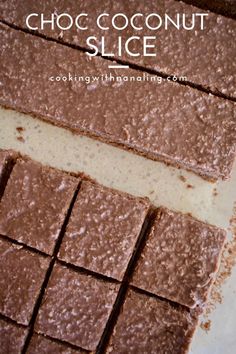 chocolate coconut slice cut into squares on top of a white plate with text overlay