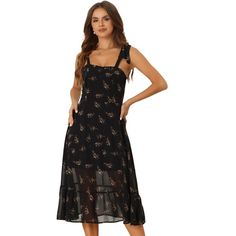 This dress features self-tie spaghetti straps, an invisible side zip, and a smocked back. It has a ruffle hem and trim, and is fully lined. The dress is sleeveless and falls to midi length. The fabric is non-stretch and it's suitable for various occasions such as parties, holidays, beach, leisure trips, picnics, and everyday life. You can style it with flat slippers for a casual look or high-heeled shoes for a more elegant feel. Wedding Midi Dress, Fall Afternoon, Going Shopping, High Heels Sandals, Chiffon Midi Dress, Womens Floral Dress, Floral Dress Summer, Floral Sleeveless, Flowy Dress