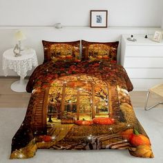 a bed room with a neatly made bed covered in fall themed comforter and pillows