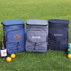 three cooler bags sitting on top of a grass covered field next to oranges and bottles