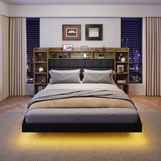 a large bed sitting next to a window with curtains on both sides and a book shelf behind it