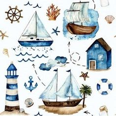 a watercolor painting of boats, lighthouses and other things on white paper with blue accents