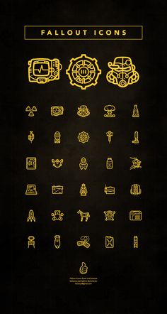 a black and yellow poster with various symbols on it's side, all in gold