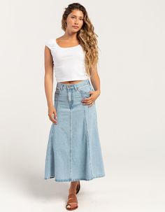 Levi's Fit And Flare Denim Midi Skirt. A Nostalgic Staple–made For Now. Cut With An Easy High Rise, Our Fit And Flare Skirt Is Slim Through The Waist And Hip And Widens To Create A Flowy Silhouette. Then, We Gave It Seam Detailing For A Real Throwback Touch. A Nostalgic Staple. Cut With An A-Line, Midi Silhouette. With An Easy High Rise. Finished With Seam Detailing. Non-Stretch. Zip Fly. 5-Pocket Styling. Approx. Length: 32''. 100% Cotton. Machine Wash. Imported. Model Is Wearing A Size 27. Model Measurements:height: 5'7" Bust: 34.5"waist: 27"hips: 38" | Levi's Fit And Flare Denim Midi Skirt - I Will Summer Stretch Denim Skirt Straight Leg, High Rise Fitted Denim Skirt For Spring, Fitted High Rise Denim Skirt For Spring, Light Wash Fitted Cotton Denim Skirt, Fitted Light Wash Cotton Denim Skirt, Light Wash Fitted Denim Skirt For Spring, Fitted Light Wash Skirt For Spring, Spring Light Wash Fitted Skirt, Casual Fitted Straight Leg Skirt