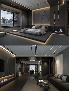 two pictures of a modern bedroom and living room