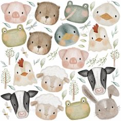 watercolor farm animals with leaves and flowers on the side, including sheep, pig, duck, bear, giraffe