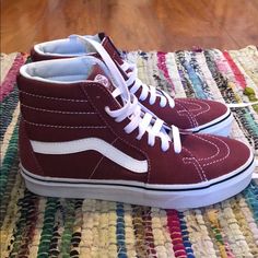 Maroon High Top Vans. Never Worn. In Amazing Condition High Top Purple Vans, Red High Top Vans, Vans Shoes High Tops, Purple Vans High-top Sneakers, Purple Vans Sneakers For Skateboarding, Purple Vans Lace-up Skate Shoes, Maroon Vans, Van Color, High Top Vans