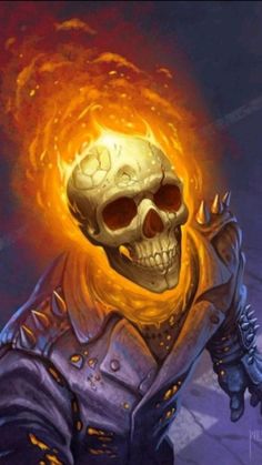 a skeleton with flames coming out of it's head