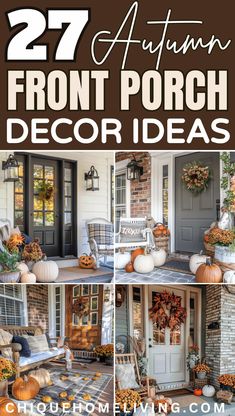 the front porch decorated for fall with pumpkins and gourds