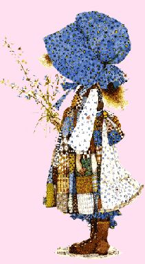 a painting of a woman with a blue hat on her head holding a bunch of flowers