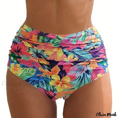 Olivia Mark - Tropical Print & Solid Color Bikini Bottom, Ruched High Waist High Cut Beachwear Bottom, Women's Swimwear & Clothing High Waist Multicolor Printed Swimwear, Yellow Tropical Swimwear With Floral Print, Multicolor High Waist Floral Print Swimwear, Multicolor Printed High-waist Swimwear, Solid Color Bikinis, Tropical Multicolor Swimwear With Built-in Bra, High Cut, Swimwear Outfit, Tropical Print