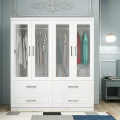 a white closet filled with lots of clothes next to a blue rug on top of a wooden floor