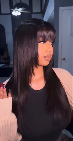 Jet Black With Bangs, Layered Wig With Bangs Black Women, Lace Front With Bangs And Layers, Sew Ins With Bangs, Bangs Hairstyles Wig, Black Women Hairstyles With Bangs, Sew In Closure With Bangs, Layered Hair With Bangs Black Women, Bangs With Layers Black Women