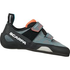 the scarra climbing shoe is available in grey and black colors with an orange accent