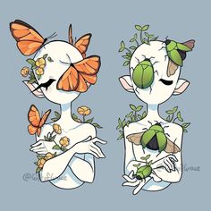 two cartoon characters with butterflies on their faces, one is holding a plant and the other has