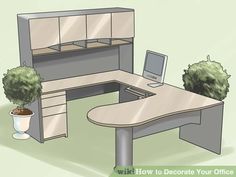 an office desk with a laptop on it and plants in the corner next to it