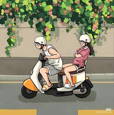 a man and woman riding on the back of a scooter