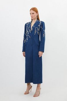 Embellished Denim Double Breasted Maxi Coat | Karen Millen Tailored Embellished Outerwear With Notch Lapel, Fall Embellished Outerwear With Notch Lapel, Chic Embellished Formal Outerwear, Elegant Embellished Outerwear With Notch Lapel, Tailored Embellished Outerwear For Work, Chic Tailored Embellished Outerwear, Elegant Embellished Fall Outerwear, Chic Embellished Outerwear For Fall, Embellished Outerwear For Work