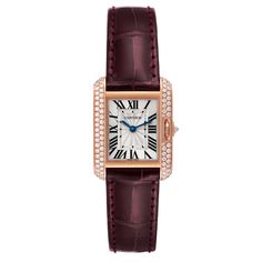 Cartier Tank Anglaise Rose Gold Silver Dial Diamond Ladies Watch WT100013. Quartz movement. 18K rose gold case 30.2 x 22.7 mm. Circular grained crown set with the diamond. Original Cartier factory diamond bezel. Scratch resistant sapphire crystal. Flinque and silvered dial with black Roman numerals. Sword shaped blued steel hands. Secret Cartier signature at X. Custom burgundy leather strap with Cartier 18K rose gold deployant buckle. Luxury Watch Bands With Polished Finish For Anniversary, Cartier Anniversary Watch With Rectangular Dial, Cartier Watch With Rectangular Dial For Anniversary, Luxury Yellow Gold Watch With Diamond Hour Markers, Luxury Diamond Watch With Chronometer, Luxury Polished Watches For Anniversary, Rose Gold Watch With Metal Dial For Anniversary, Luxury Polished Finish Watches For Anniversary, Rose Gold Watches With Metal Dial For Anniversary