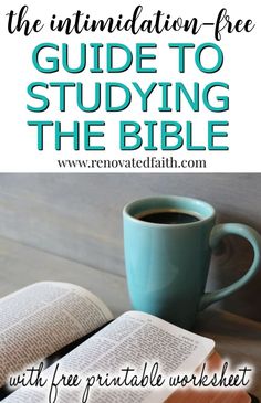 an open bible and a cup of coffee on a table with the words, the international free guide to studying the bible